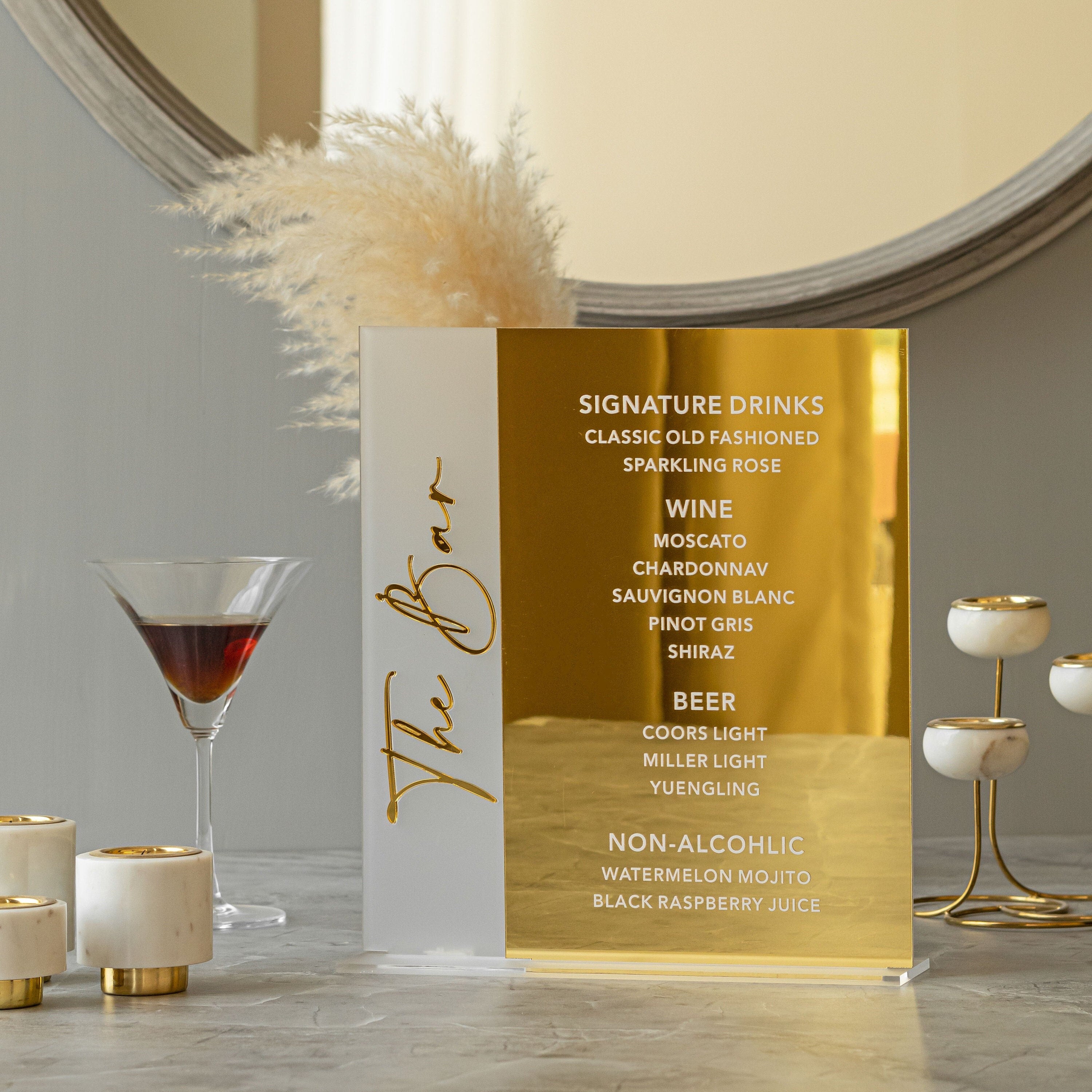 Signature Drinks Sign, Wedding Cocktails Menu, Wedding Bar Sign, Gold Mirror Frosted Acrylic Bar Sign, Signature Drinks Sign, Cocktail Menu