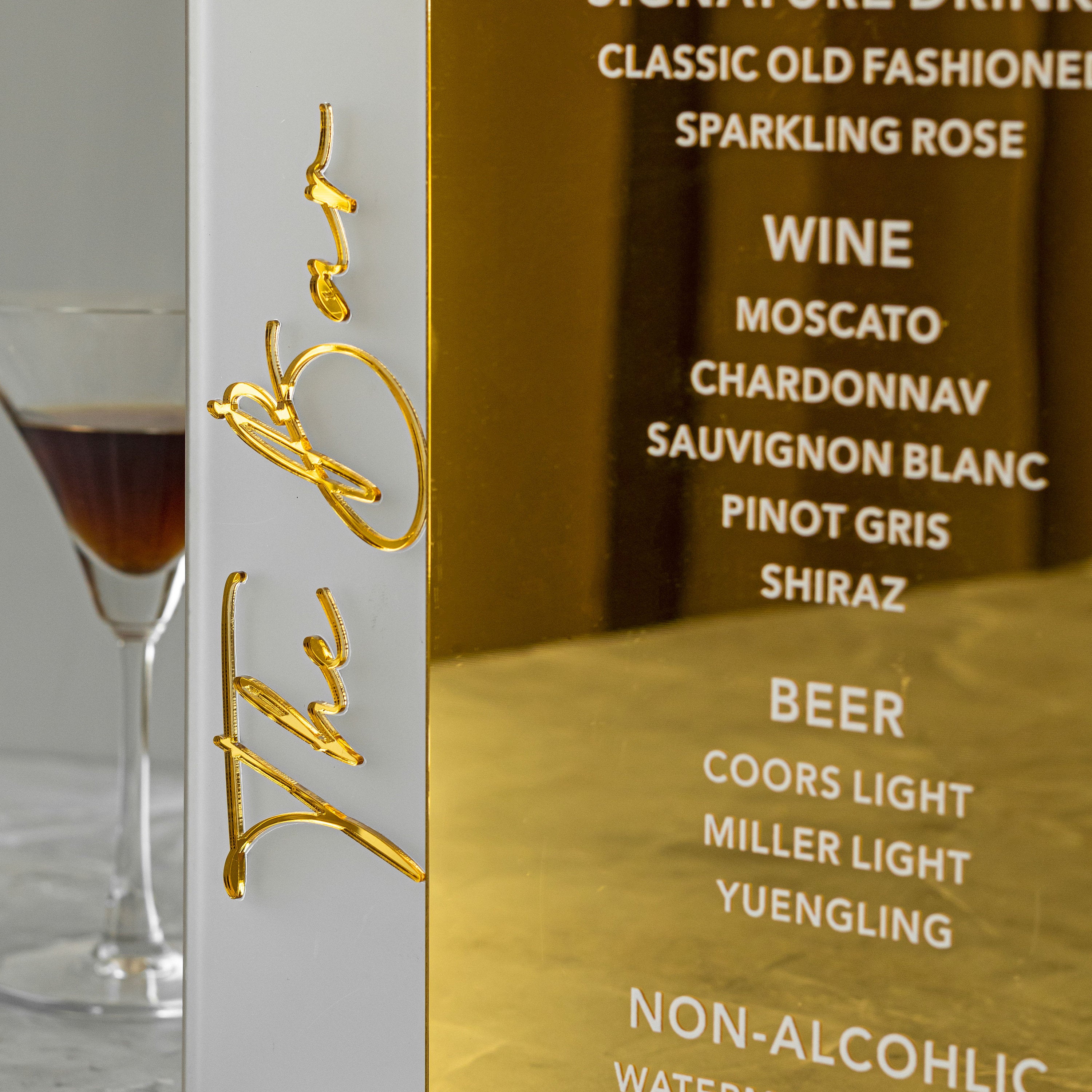 Signature Drinks Sign, Wedding Cocktails Menu, Wedding Bar Sign, Gold Mirror Frosted Acrylic Bar Sign, Signature Drinks Sign, Cocktail Menu