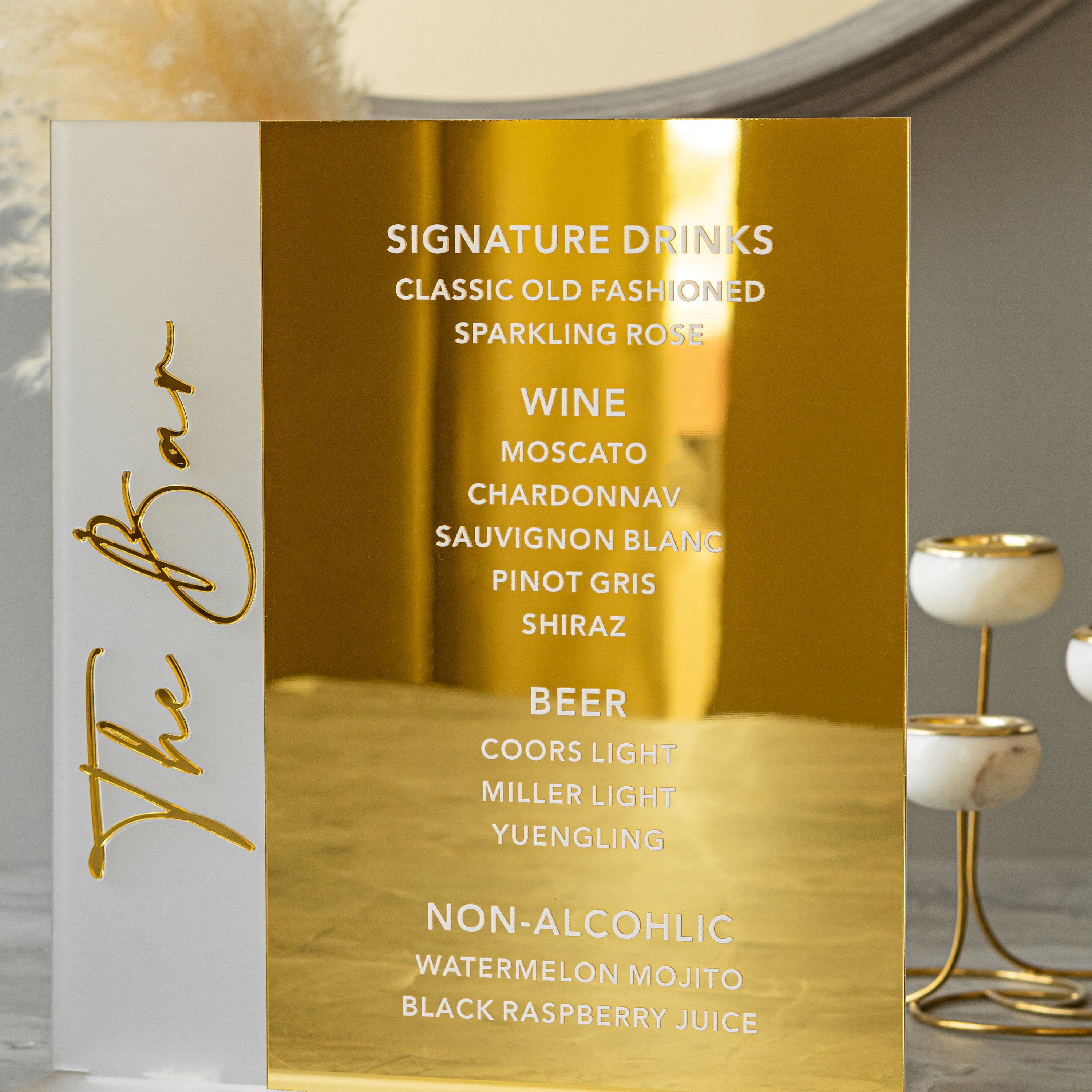 Signature Drinks Sign, Wedding Cocktails Menu, Wedding Bar Sign, Gold Mirror Frosted Acrylic Bar Sign, Signature Drinks Sign, Cocktail Menu