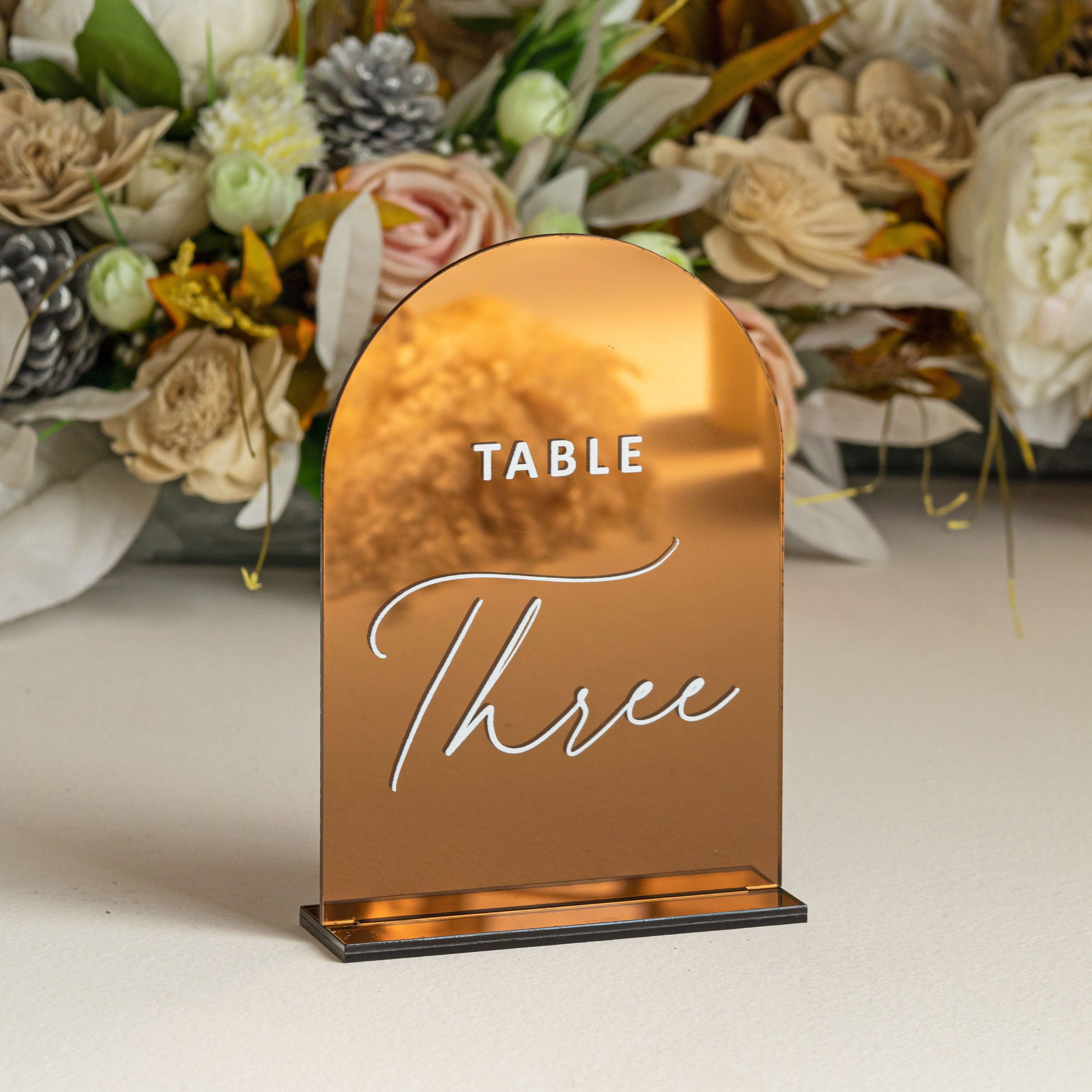 Mirror Copper Table Numbers | Arch Table Numbers | Acrylic Table Numbers | Table Number Wedding , Wedding table decorations, Copper weddings